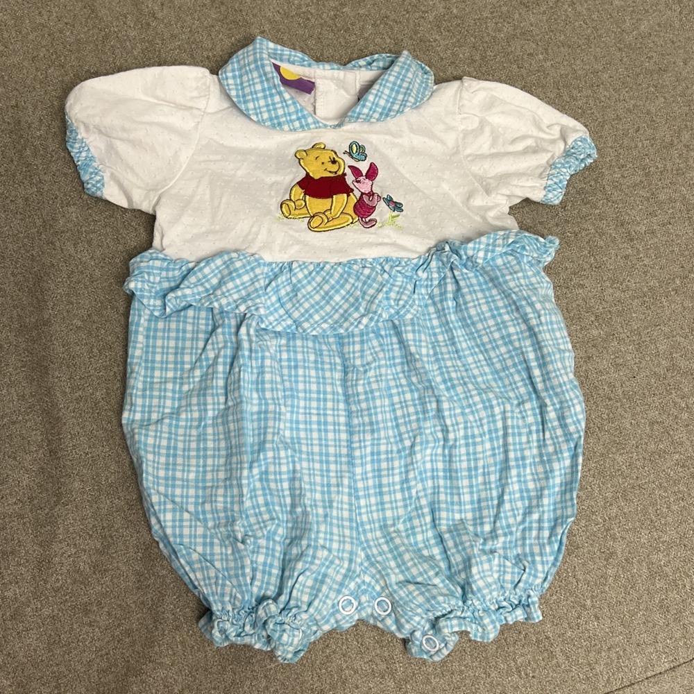 Vtg 90s Disney Store Winnie the Pooh Piglet Gingham Bubble Romper 6-9 Mos Y2K